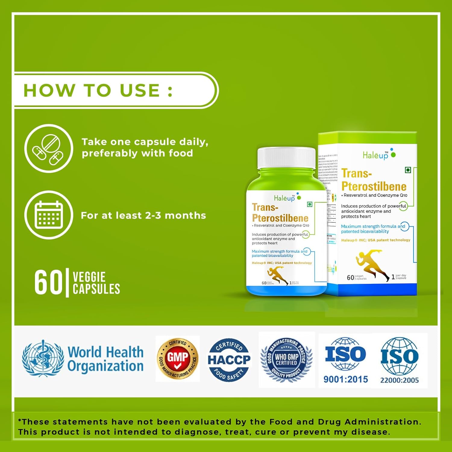 Haleup 99% Pure Trans-Pterostilbene with Resveratrol | Potent Antioxidant | High Bioavailability | Promotes Healthy Ageing | Skin Health (1 pack X 60s count)