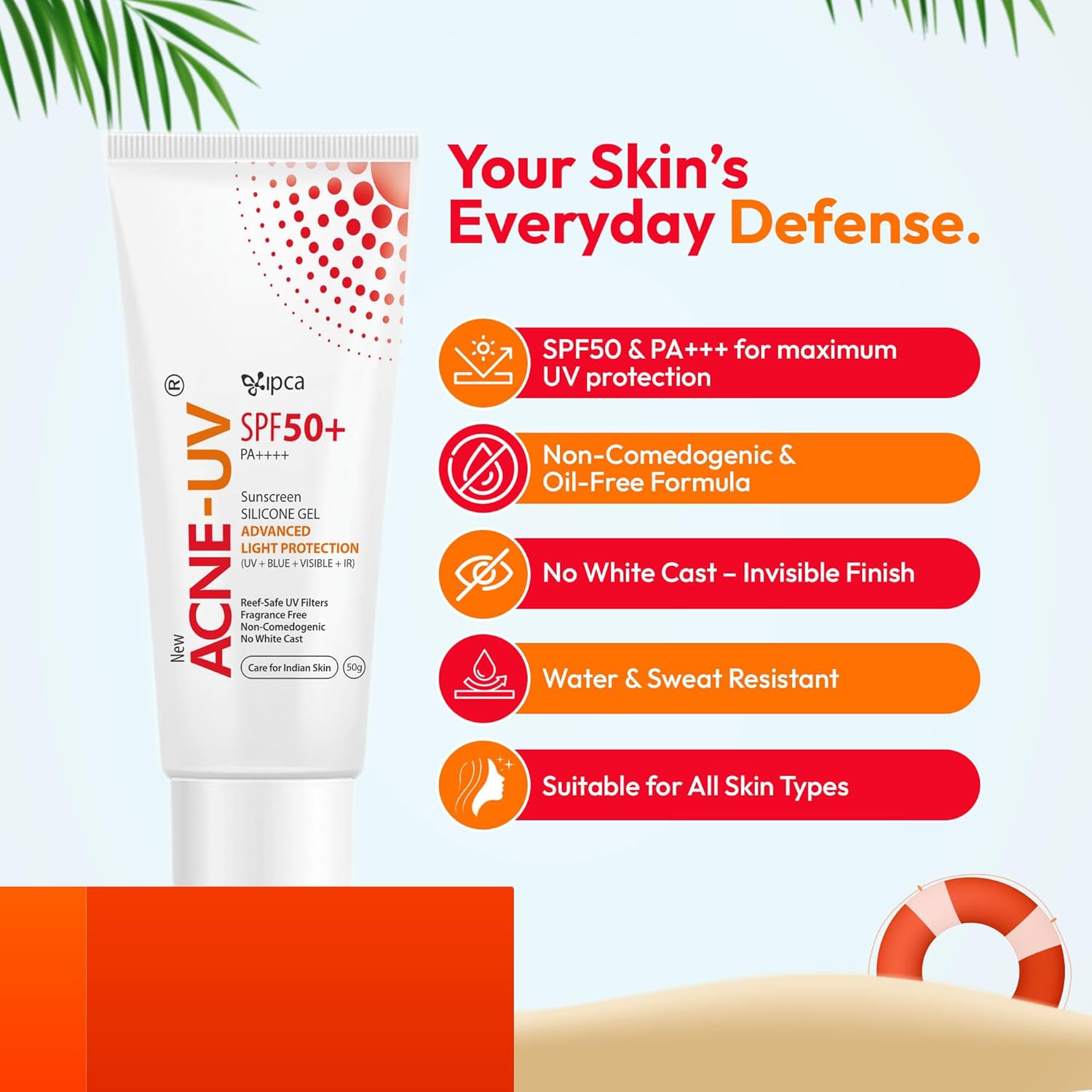 New ACNE-UV Sunscreen SPF50+ PA++++ | 50g Oil Free, Non Comedogenic Silicone Gel Sunscreen SPF 50 | UVA/UVB Protection | Water Resistant | No White Cast | Suitable for All Skin Types