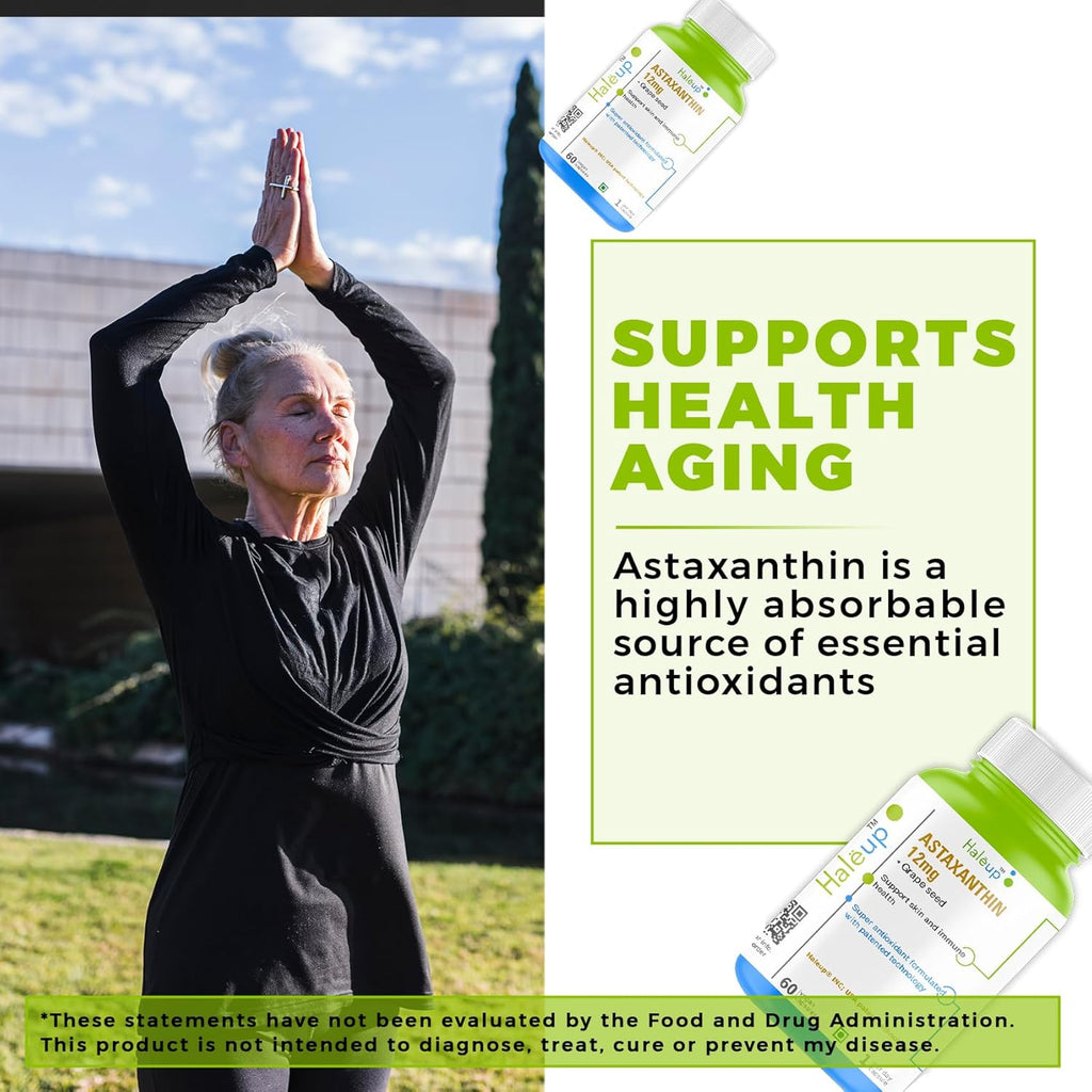 Haleup Plant Based Astaxanthin 12 mg with Grape Seed Supplement I 60 Veg Capsules I Supports Eye, Joint & Skin Health I Boosts Immune System