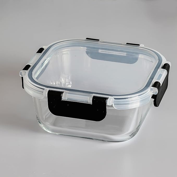Femora Borosilicate Square Glass Container With Dectahable & Break Free Lid | Black Color | 500 Ml | Set of 2