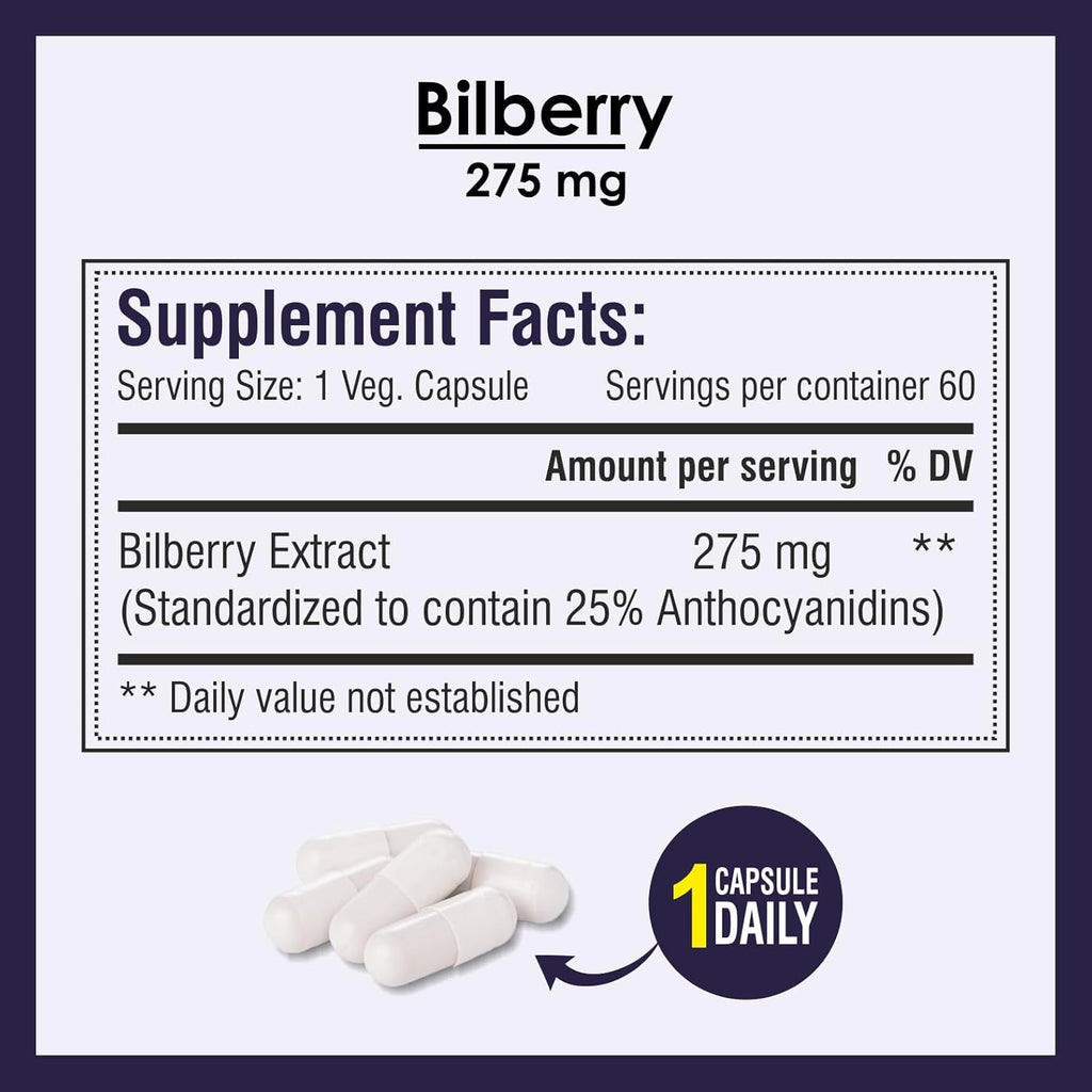 Biotrex Nutraceuticals Bilberry Extract 275mg | Anthocyanidins | Healthy Vision, Antioxidant & Eye Health Supplement | 60 Capsules