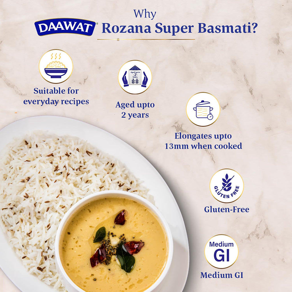 Daawat Rozana Super Basmati Rice 1Kg| For Everyday Consumption| Cooked Grain Upto 13mm*| Naturally Aged
