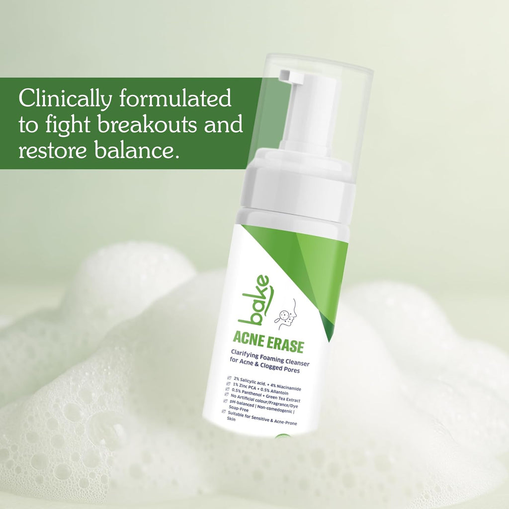 BAKE Acne Erase Foaming Face Wash with 2% Salicylic Acid & Niacinamide | Oil Control, Unclogs Pores, Clears Acne & Blemishes | Gentle Foaming Cleanser for Oily, Acne Prone & Sensitive Skin â€“ 100ml