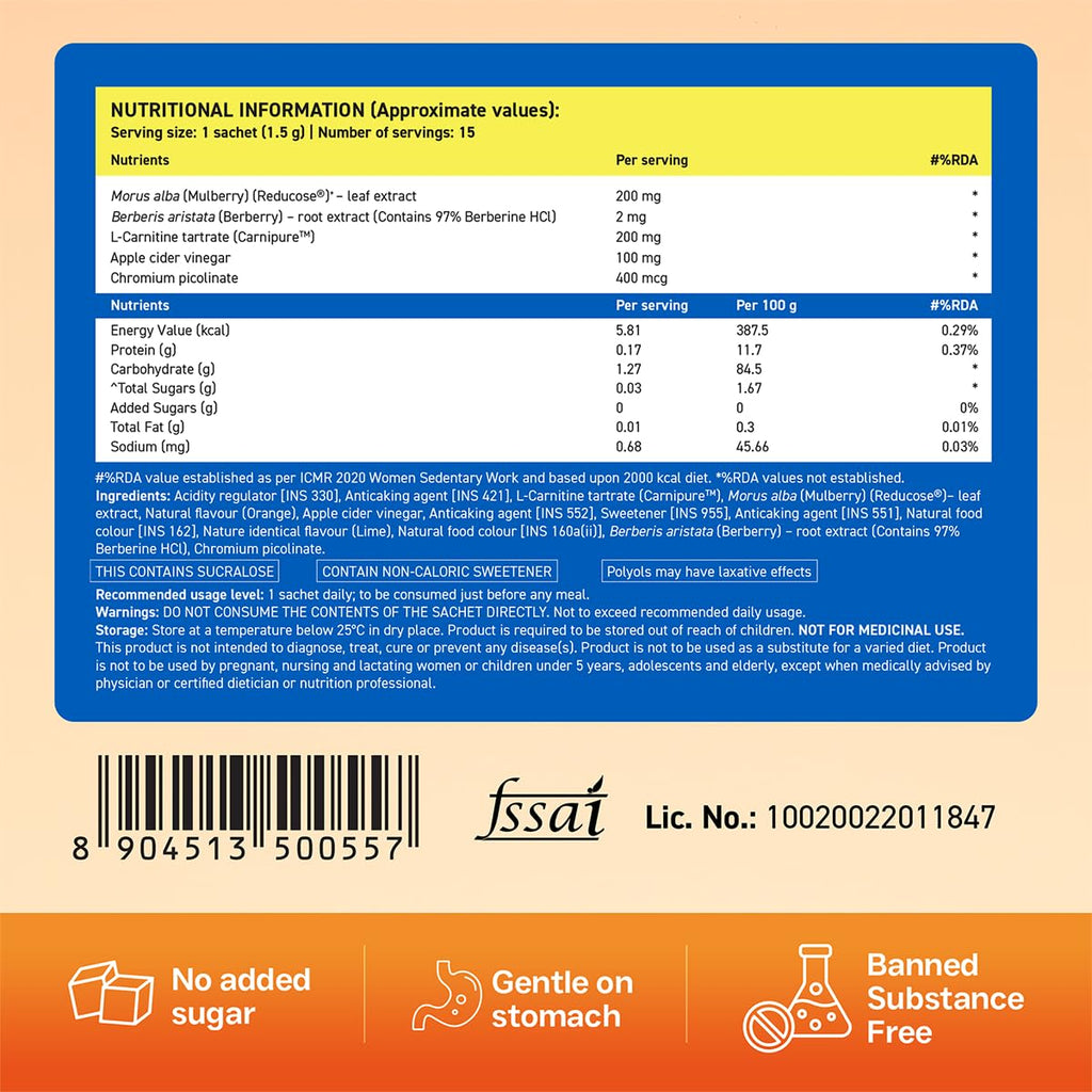 Fast&Up Glucolean GLP-1 Helps Manage Blood Sugar Levels Burns Stubborn Fat Diabetes Care with Clinically Proven Reducose, Berberine, L-Carnitine, ACV & Chromium - 15 Orange Stick Packs