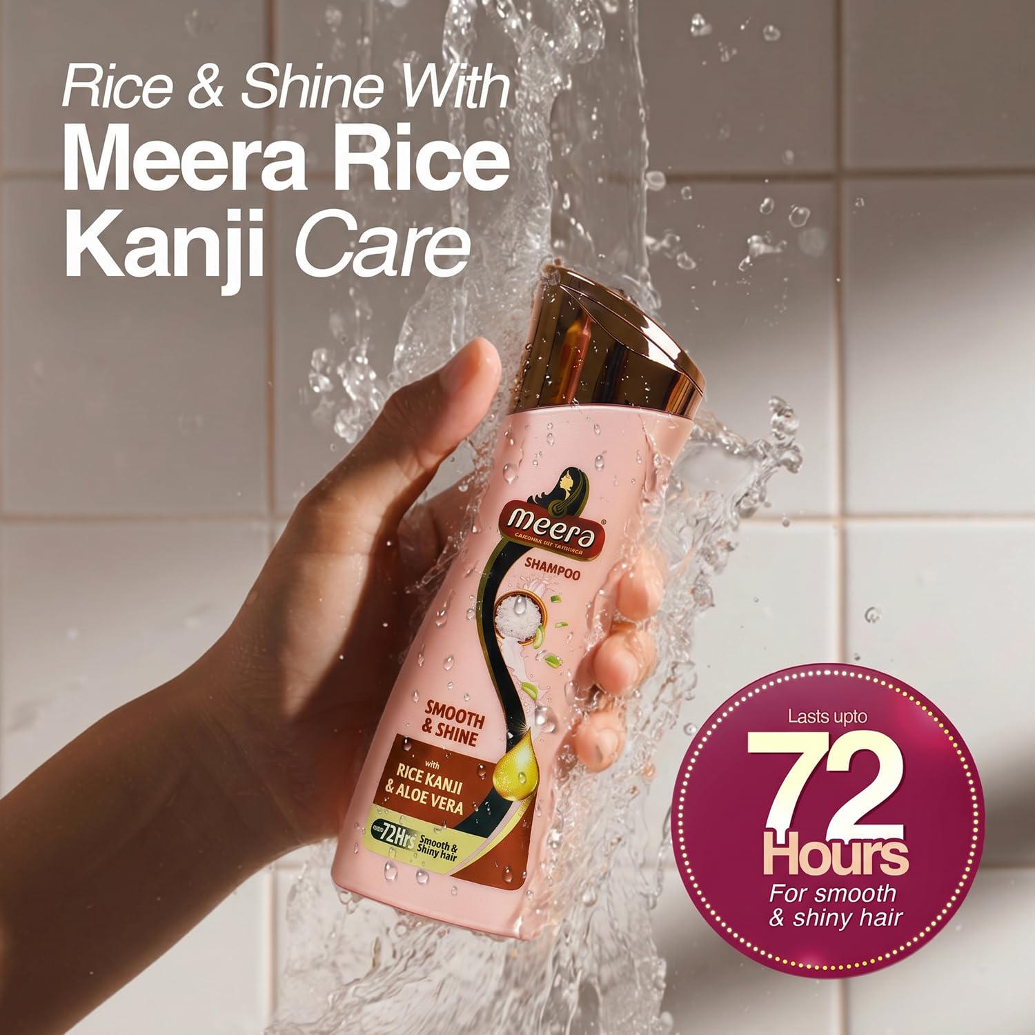 Meera Smooth & Shine Shampoo with Rice Kanji & Aloe Vera | Up to 72 Hours Smooth & Shiny Hair | Nourishes & Softens Hair | Suitable for Men & Women | 180ml