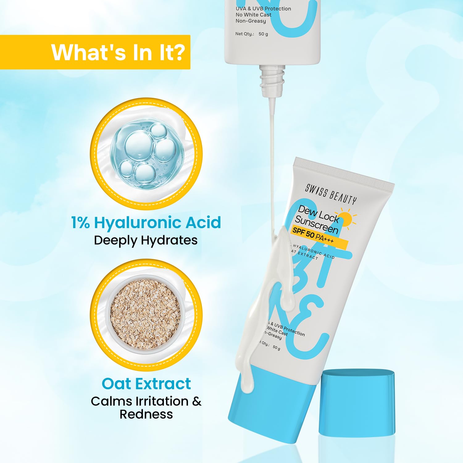 Swiss Beauty Care Dew Lock Sunscreen | SPF 50 PA+++ Broad-Spectrum Protection | No White Cast | With 1% Hyaluronic Acid | 50g