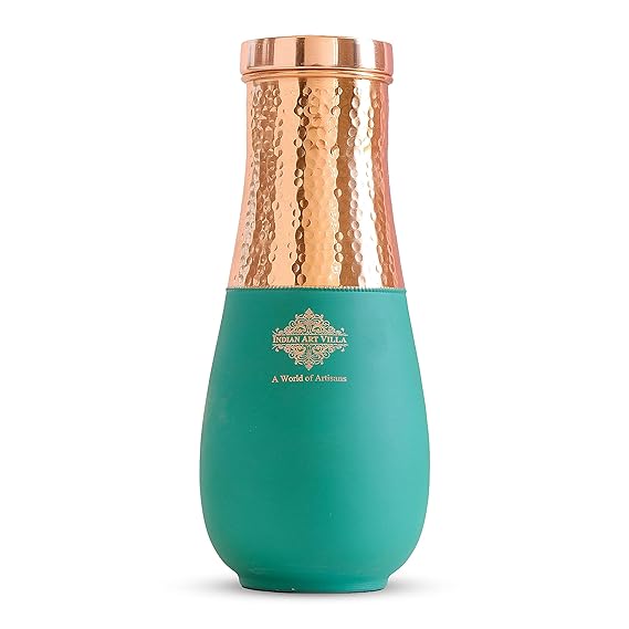 Indian Art Villa Pure Copper Bedroom Bottle Vase Design Half Green Silk Half Hammered Finish