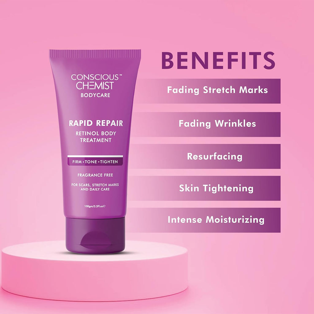 Conscious ChemistÂ® Retinol Body Cream | Reduces Stretch Marks, Uneven Skin Tone & Scars | For Post Pregnancy Irregular Lines/Streaks | All Skin Types, Fragrance Free & Cruelty Free | 100 g