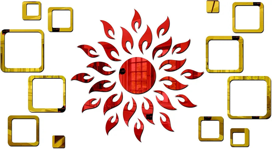 Bikri Kendra Ind Sun red with 12 Square Golden Mirror Stickers for Wall Decor