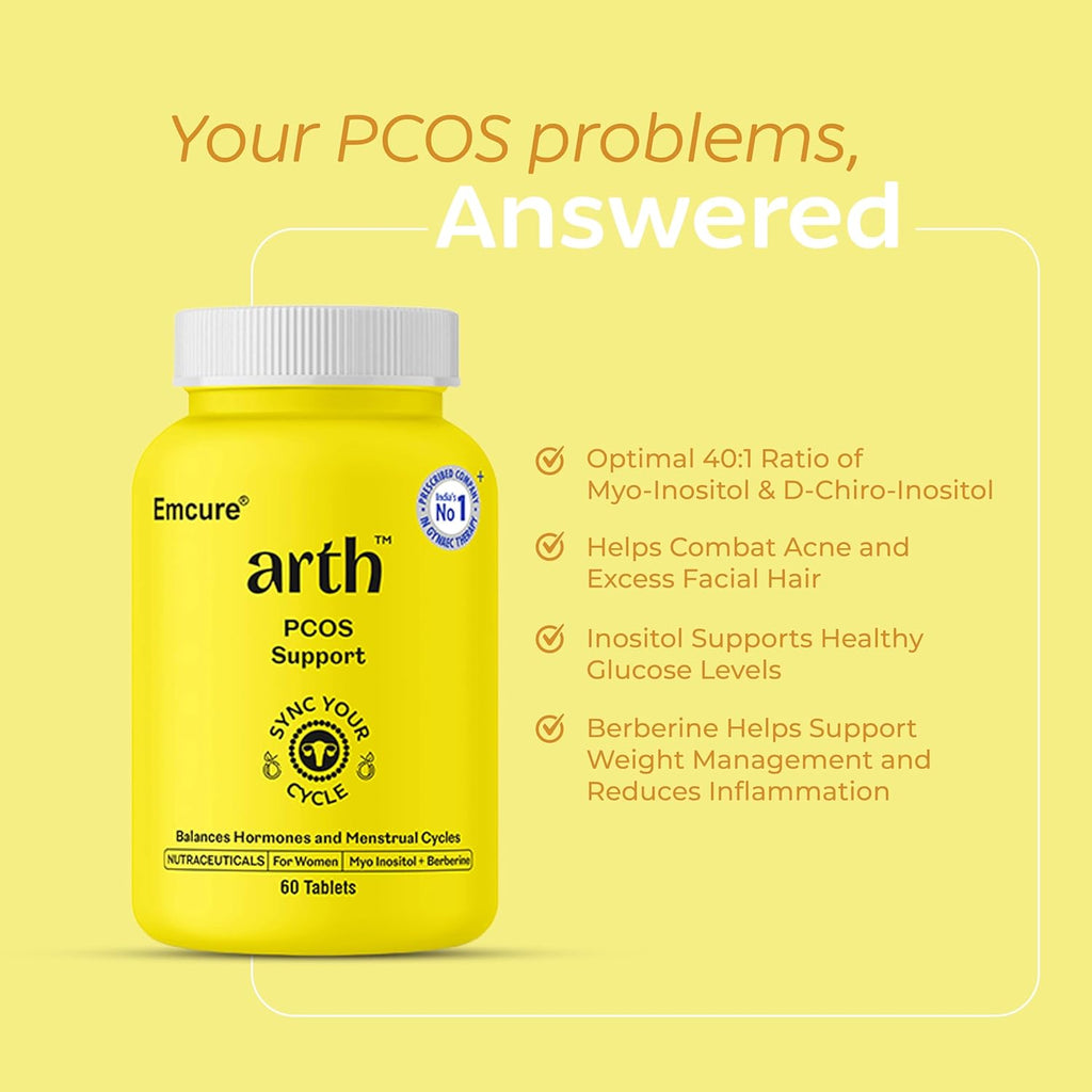 Arth PCOS Support Tablets for Women | With Berberine & Myo-Inositol:D-Chiro Inositol (40:1) | Supports Weight Management & Fertility | Helps Combat Acne & Facial Hair | Supports Healthy Glucose Levels | 60 Veg Tablets