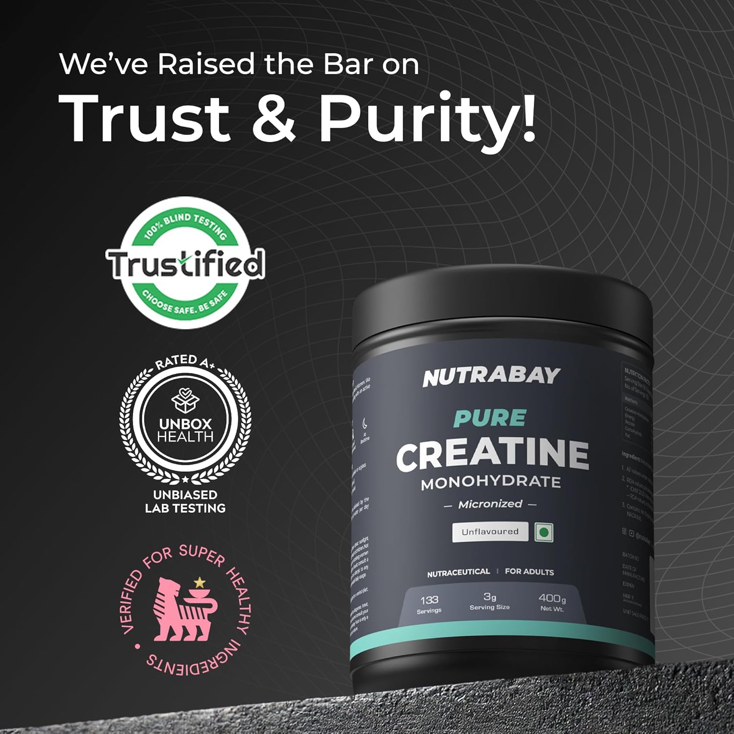 Nutrabay Pure Micronised Creatine Monohydrate Powder 3000 mg/Serving |Trustified Certified | Fast Absorption â€“ Increases Lean Muscle Mass, Strength & Power â€“ 400g, Unflavoured
