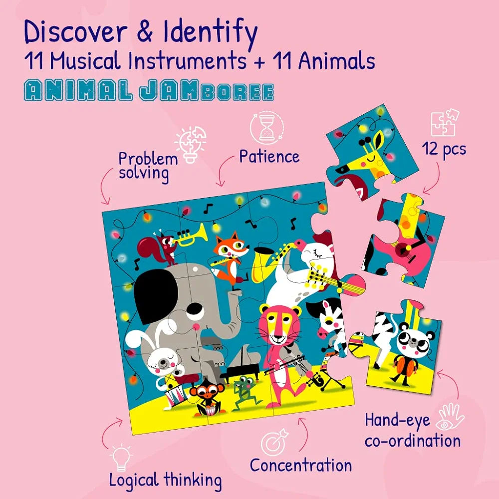 Playqid Jumbo Animal Jigsaw Puzzle for Kids 2+ | 12-Piece Musical Animal Jam Floor Puzzle | Educational Toy for Toddlers Hand-Eye