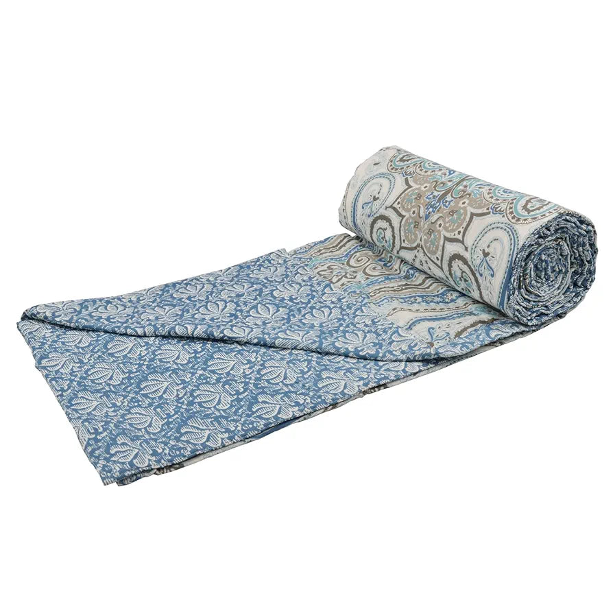 Trance Home Linen 100% Cotton Reversible Dohar Double Bed Size Jaipuri Printed Artisan Block Design Blanket Soft Lightweight Colour Nargis Blue