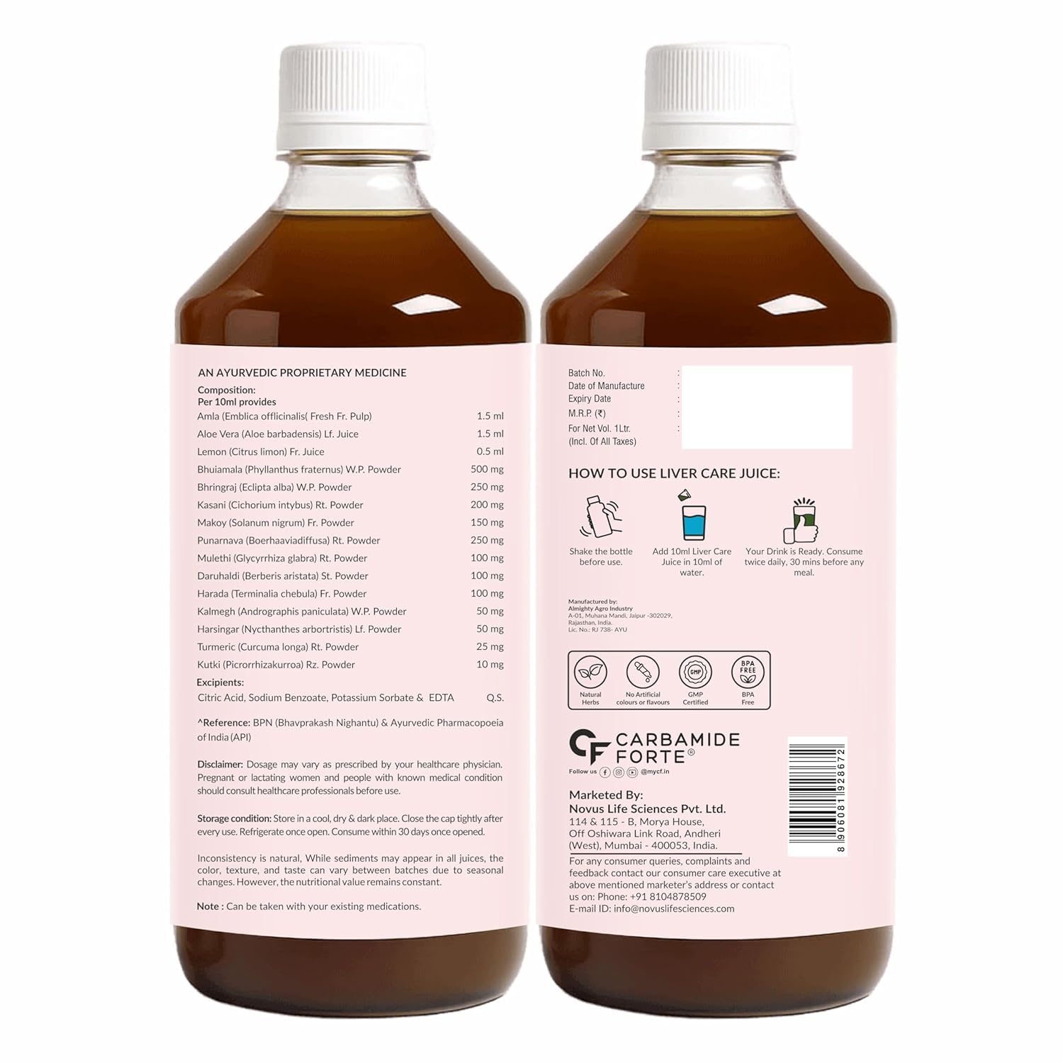 Carbamide Forte Ayurvedic Liver Care Juice - 1L | Herbal Liver Detox Supplement | Antioxidant-Rich Formula with 15 Ayurvedic Herbs | No Added Sugar & Artificial Colour