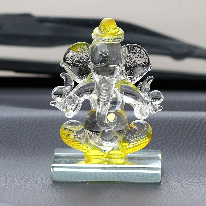 Ecraftindia Yellow and Transparent Double Sided Crystal Car Ganesha Showpiece