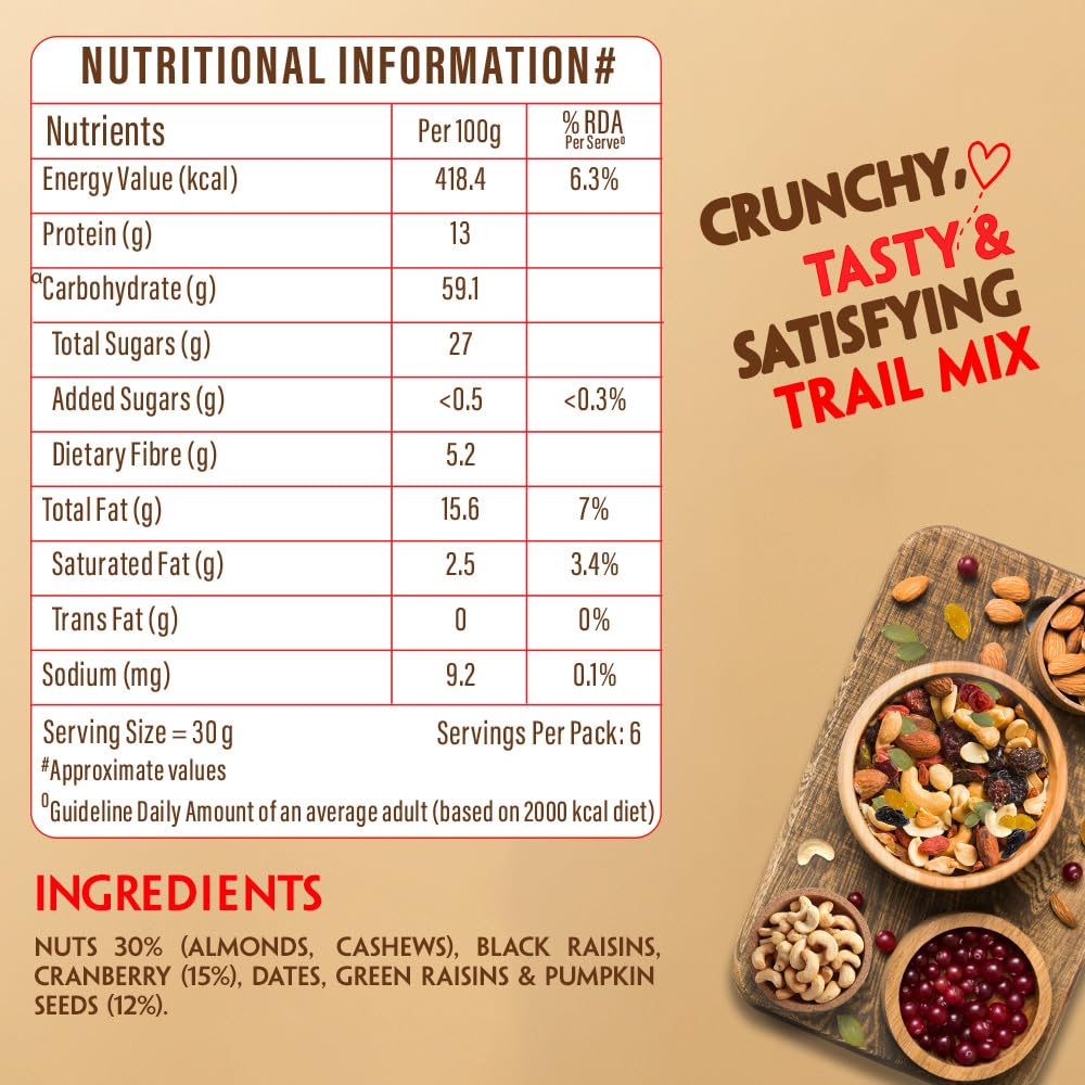 Bagrry’s Trail Mix 200 GM | 7 in 1 Superfoods | California Almond | Cashews | Cranberries | Dates | Pumpkin Seeds | Green & Black Raisins | High Protein | Fibre-Rich | Oil-Free | Non-Salted | Healthy Snack for Anytime Energy | Dry fruit mix | Mix nuts