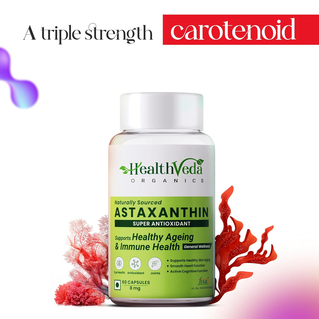 Health Veda Organics Plant Based Astaxanthin 8 mg Supplement I 60 Veg Capsules I Supports Eye, Joint & Skin Health I Boosts Immune System I For both Men & Women