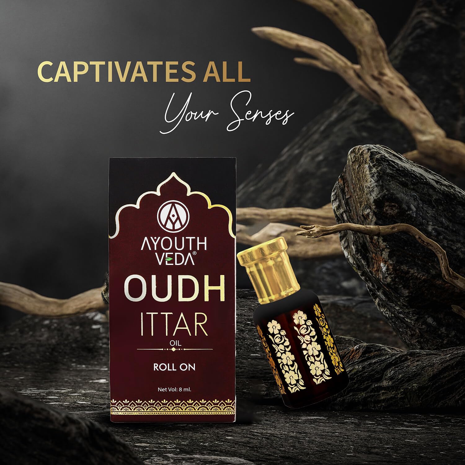Ayouthveda Oudh Natural Ittar | contains Sandalwood Oil & Agarwood Oil | Long Lasting Woody Fragrance | Eliminate Body Odour & Smell Blissfull | Non-Alcoholic Roll On | for Men & Women (8ml)
