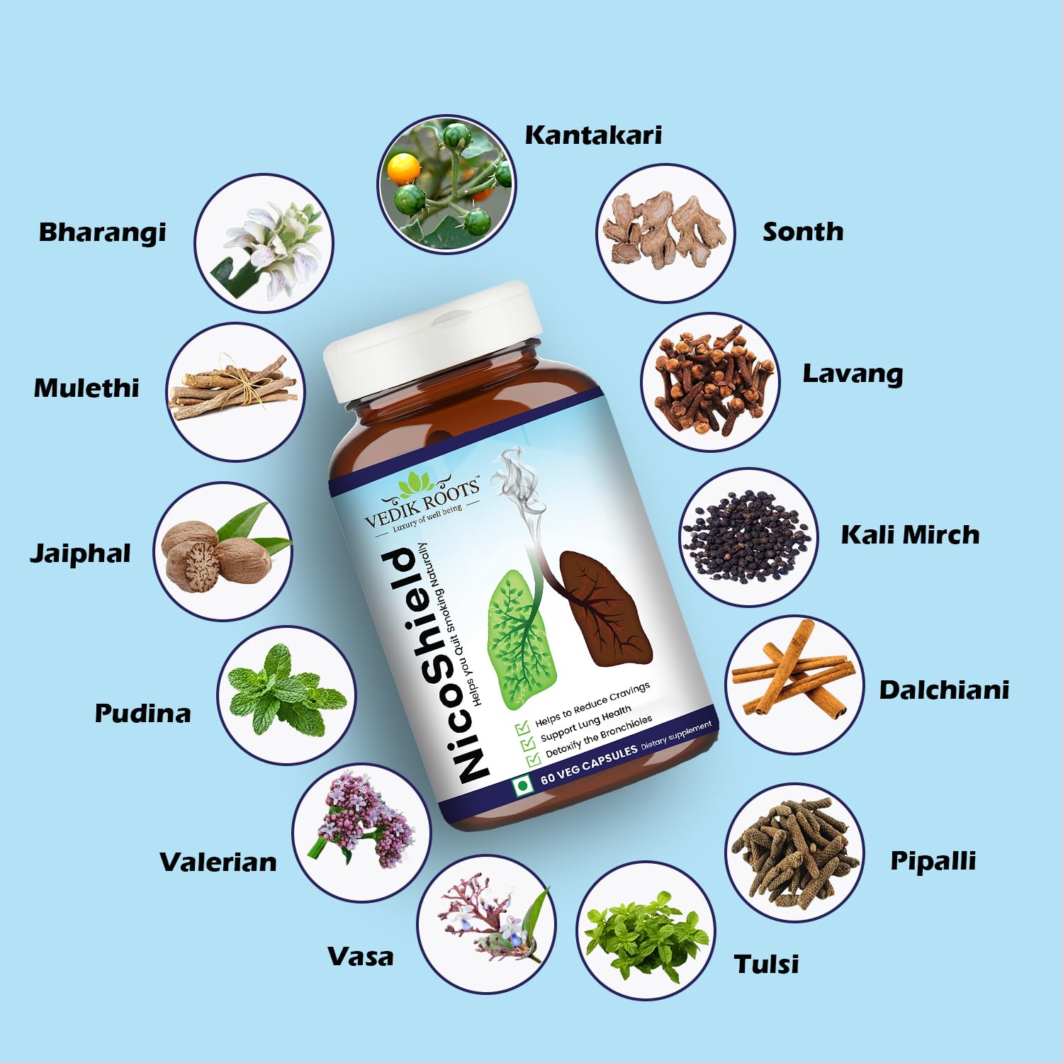 NicoShield | Herbal solution to Help Quit Smoking Naturally | Helps Reduce Craving To Smoke | Ayurvedic Herbal Supplement | 60 Veg Capsules (Pack of 1)