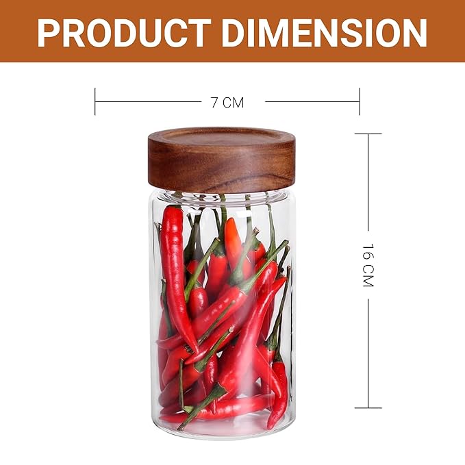 Femora Borosilicate Glass Screw Jar With Wooden Lid | 550 Ml | Set of 2 | Brown