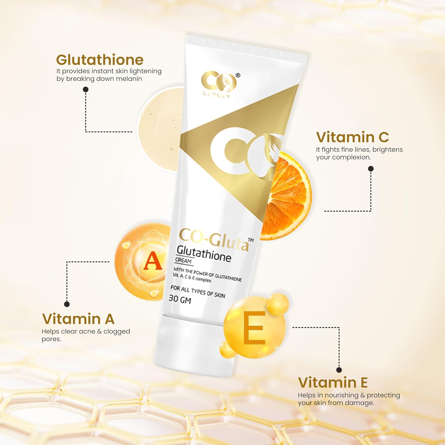 CO LUXURY Glutathione Skin Cream with Kojic Acid & Vitamin C | Reduce Dark spots & Hyperpigmentation | Glutathione Cream for Men & Women, 30gm