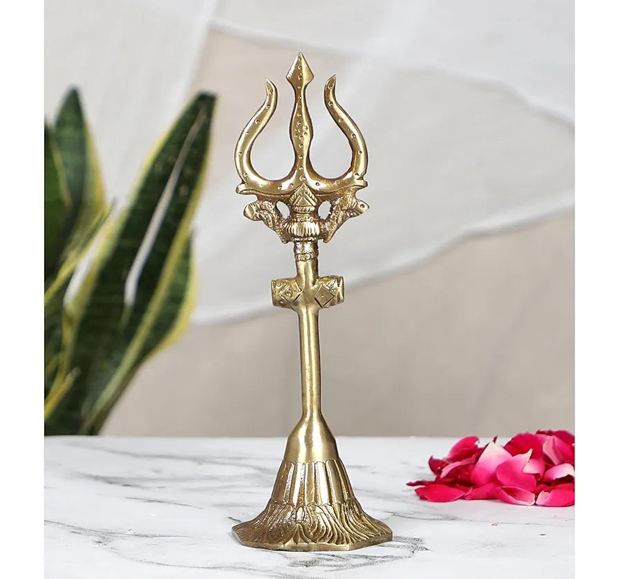 Two Moustaches 8 Inches Brass Shiva's Trishul with Damru Antique Finish