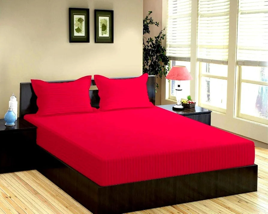 Trance Home Linen 100% Cotton 78x60 inch Queen Fitted 200TC Satin Stripe Elastic Fitted Bedsheet with 2 Pillow Covers Colour Pink