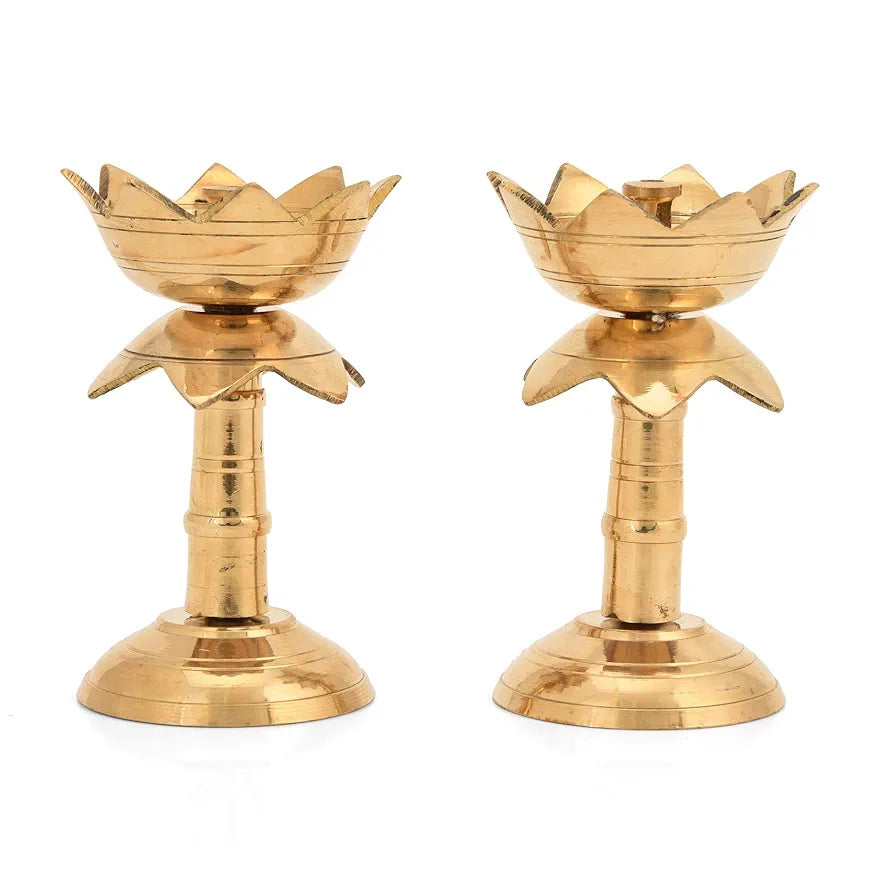 Collectible India Set of 2 Brass Diya for Puja Diya for Diwali - Lotus Shape Pillar Diya Stand Oil Lamp -3.8 Inch