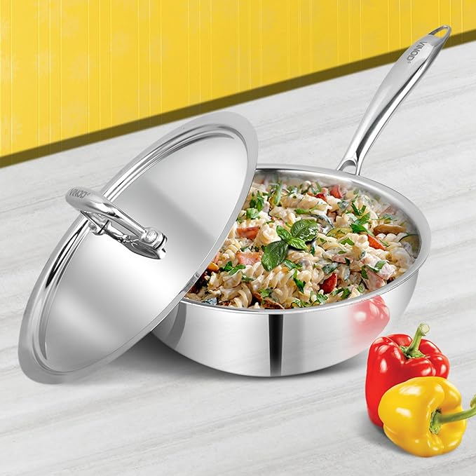 Vinod Platinum Triply Stainless Steel Frypan - 22cm | Deep Skillet Pan with Lid | Rivetted Study Handle | Induction & Gas Base