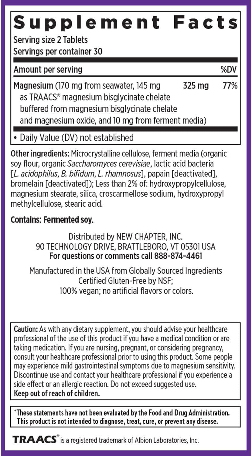 New Chapter Magnesium Complex Supplement, 325mg with Magnesium Glycinate + Sea-Sourced + Fermented Forms for Heart, Bone, Nerve, Muscle & Cellular Energy, 100% Vegan, 60 Tablets