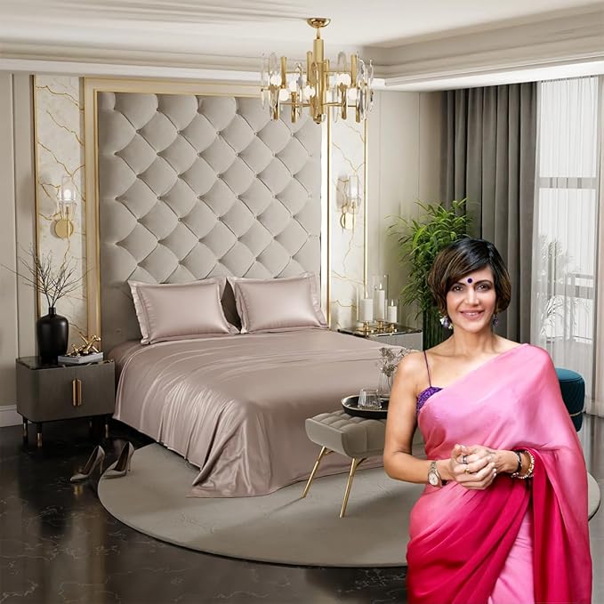 Stoa Paris Satin Bedsheets For Double Bed 300Tc Premium Bedsheet With 2 Pillow Covers Colour Champagne