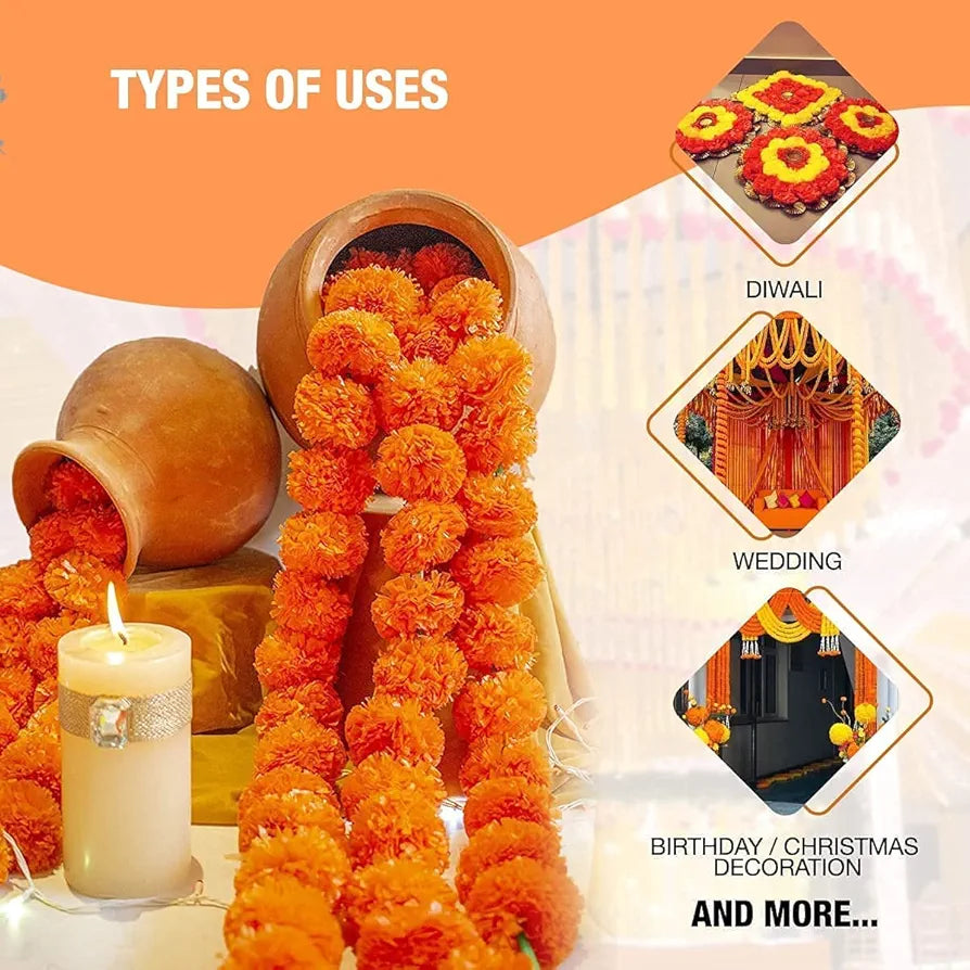 Artificial Marigold Flowers For Decoration Garland 5 Feet Long 5 Pcs 152.40 CM Orange