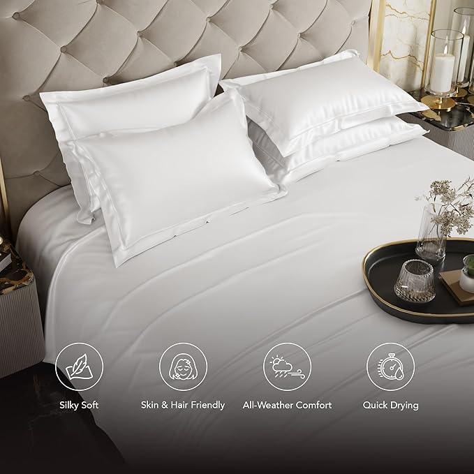 Stoa Paris Satin Bedsheets for Super King Size Bed 300TC Premium Bedsheet with 4 Pillow Covers Colour Vanilla White