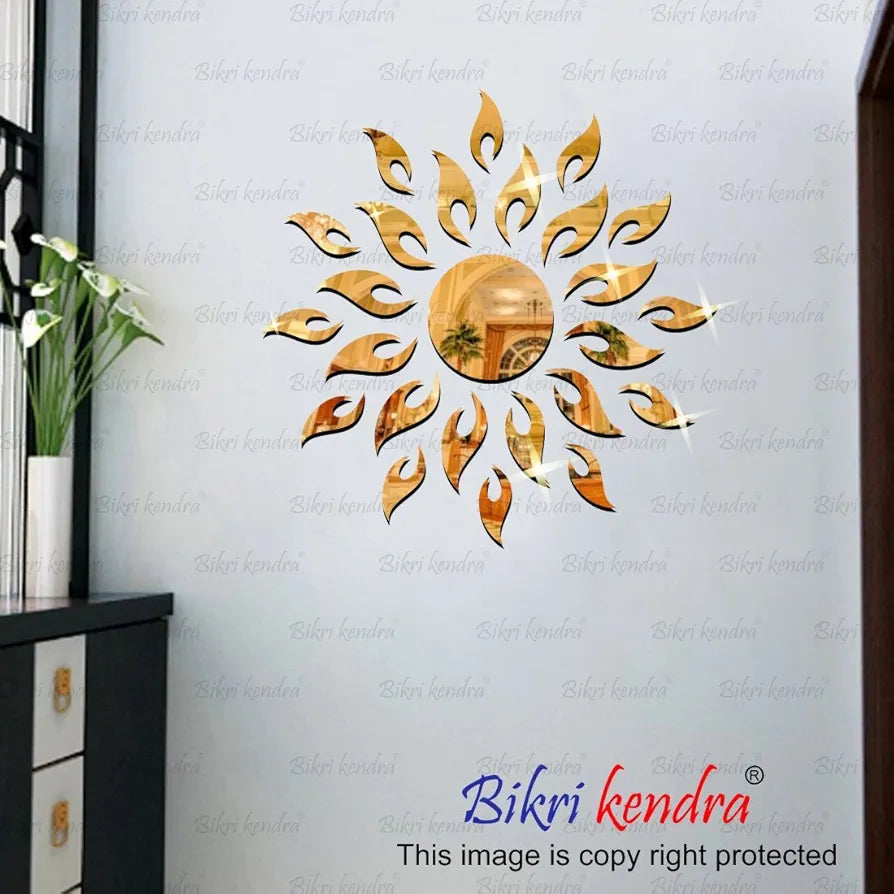 Bikri Kendra Ind Sun with 12 Square Golden Mirror Stickers for Wall Decor Sticker Mirror
