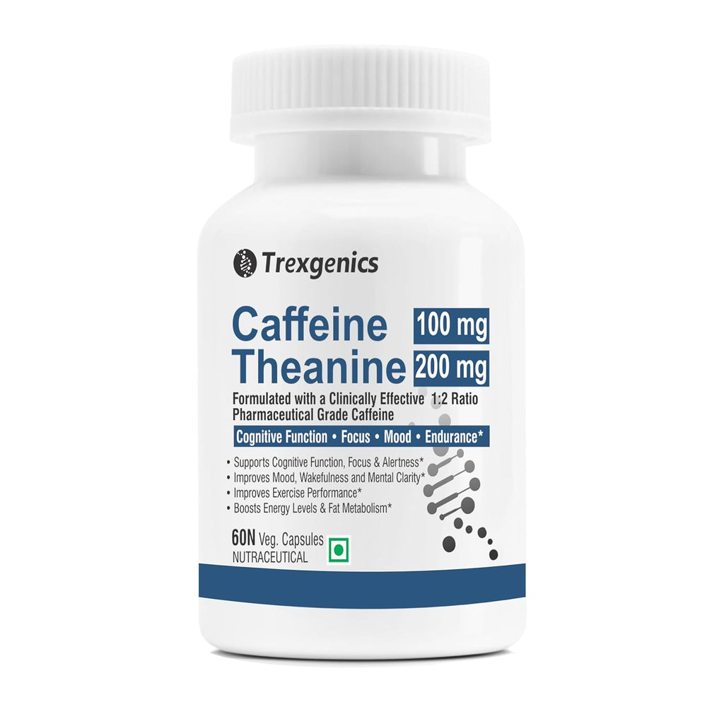 Trexgenics L-THEANINE 200 mg, CAFFEINE 100 mg Cognitive Function, Refresh, Focus, Mood, Endurance Support (Theanine 200mg + Caffeine 100mg (60 Veg Caps))