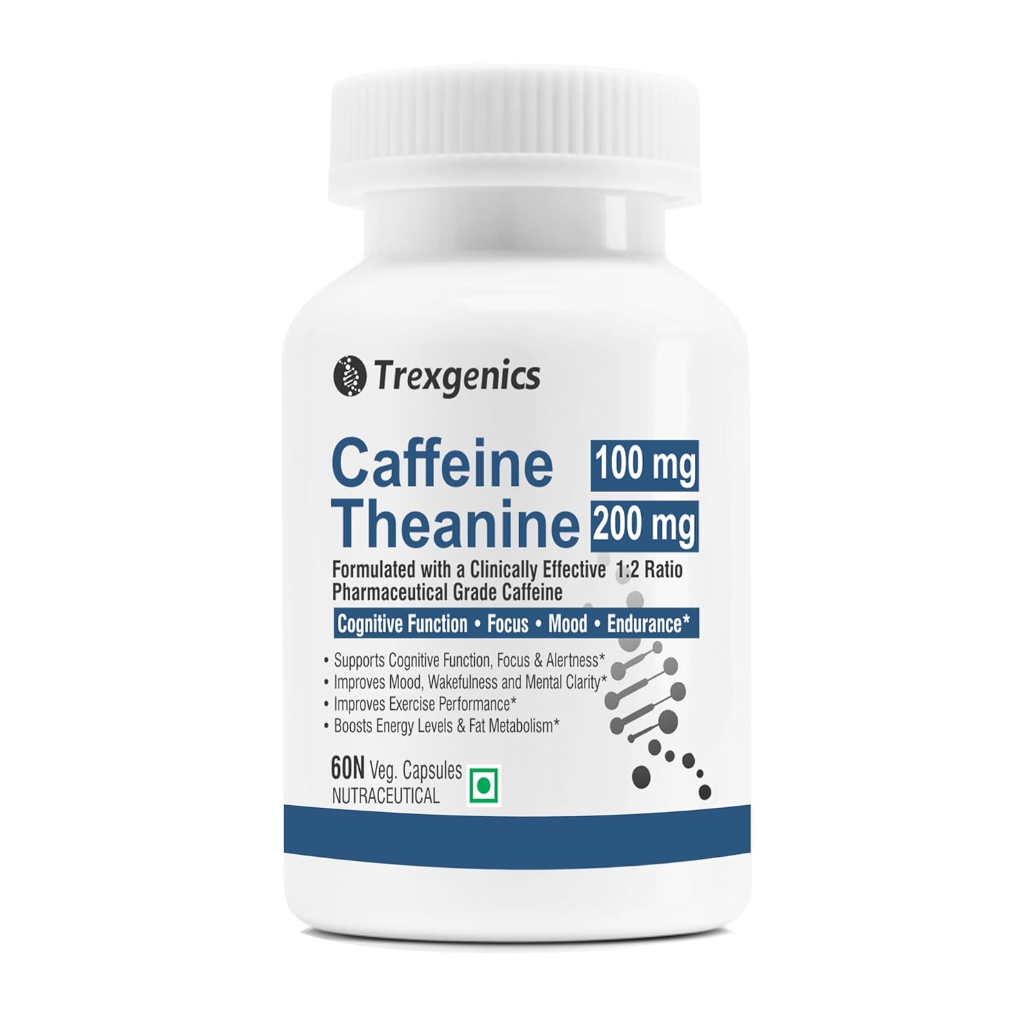 Trexgenics L-THEANINE 200 mg, CAFFEINE 100 mg Cognitive Function, Refresh, Focus, Mood, Endurance Support (Theanine 200mg + Caffeine 100mg (60 Veg Caps))