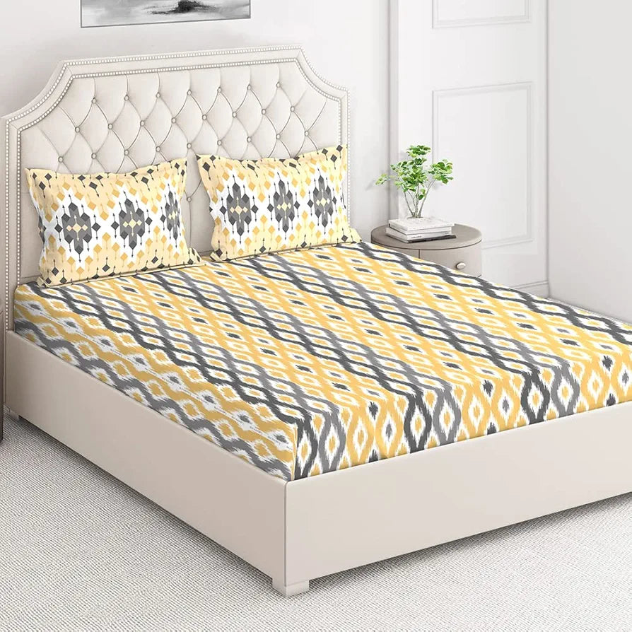 Layers Portland Cotton Bedsheet Set for All Seasons Lightweight Moisture Absorbent 104 TC Queen Size Yellow/Grey 2