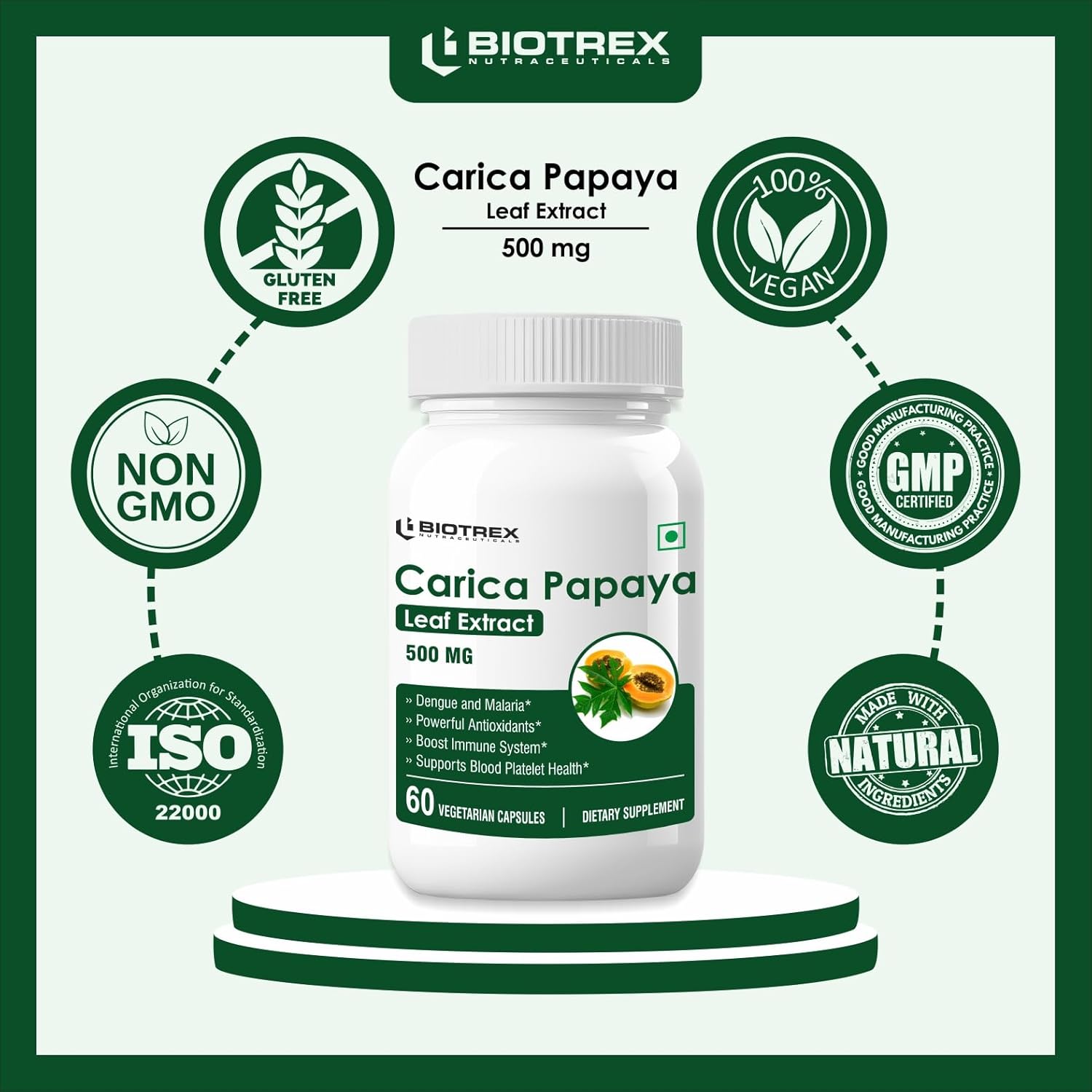 Biotrex Nutraceuticals Carica Papaya Leaf Extract 500mg - 60 Capsules
