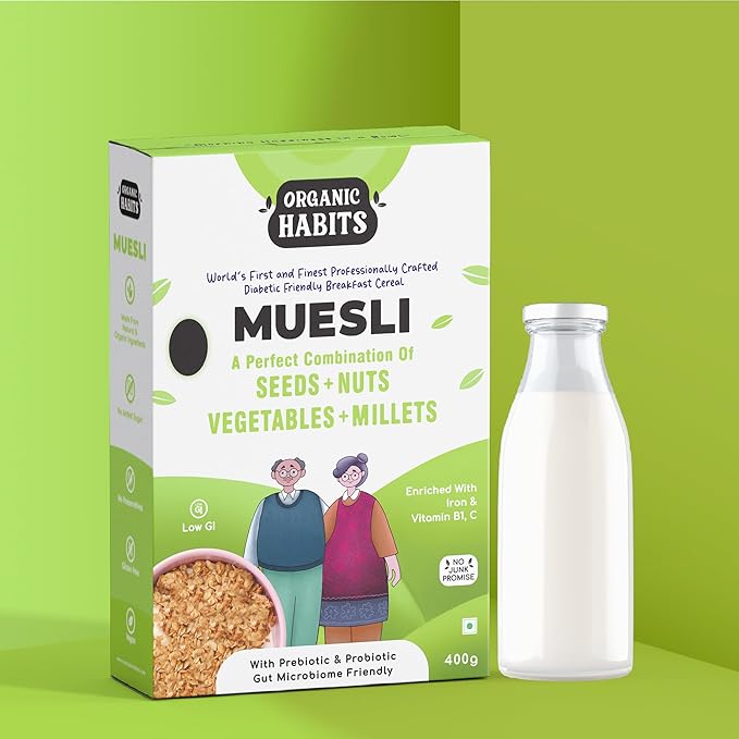 Organic Habits Muesli, Diabetic Friendly Breakfast Cereal With Fruit, Nuts, Seeds, Vegetables, Millets & Wholegrain - 400 Gms