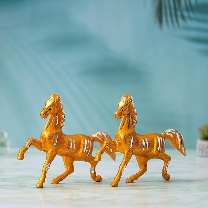 Ecraftindia Set of 2 Golden Running Horse Statues Animal Figurines Decorative Showpieces