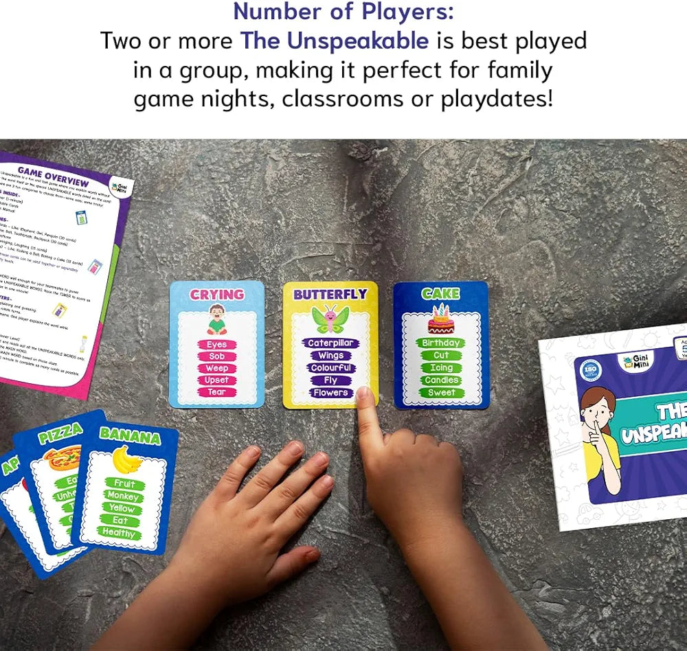 GiniMini The Unspeakable Word Guessing Game for Kids Aged 5 Plus Fast-Paced Educational and Party Game 90 Cards One Minute Sand Timer and Manual Improves Vocabulary Communication and Thinking Skills
