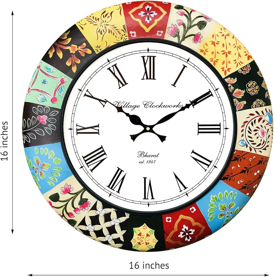 RoyalsCart Handmade Wooden Analog Wall Clock Ethnic Multicolour Hand Painted Clock Size - 16 inches [KTWC186] Elegant Painting