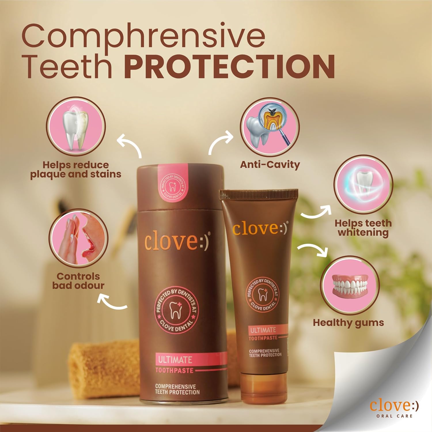 Clove Ultimate Toothpaste , Patented Optafresh Technology , 24-Hour Active Freshness & Bad Breath Control , Cavity Protection & Healthy Gums ,Safe formula, Mint, Pack of 1 (100g)