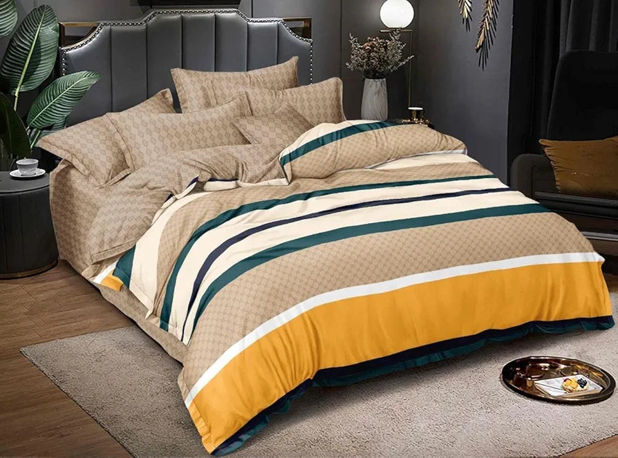 The Home Style Cotton Feel Glace Cotton Elastic Fitted Printed King Size Double Bed Bedsheet With 2 Pillow Cover 300 Threadcount ButterScotch