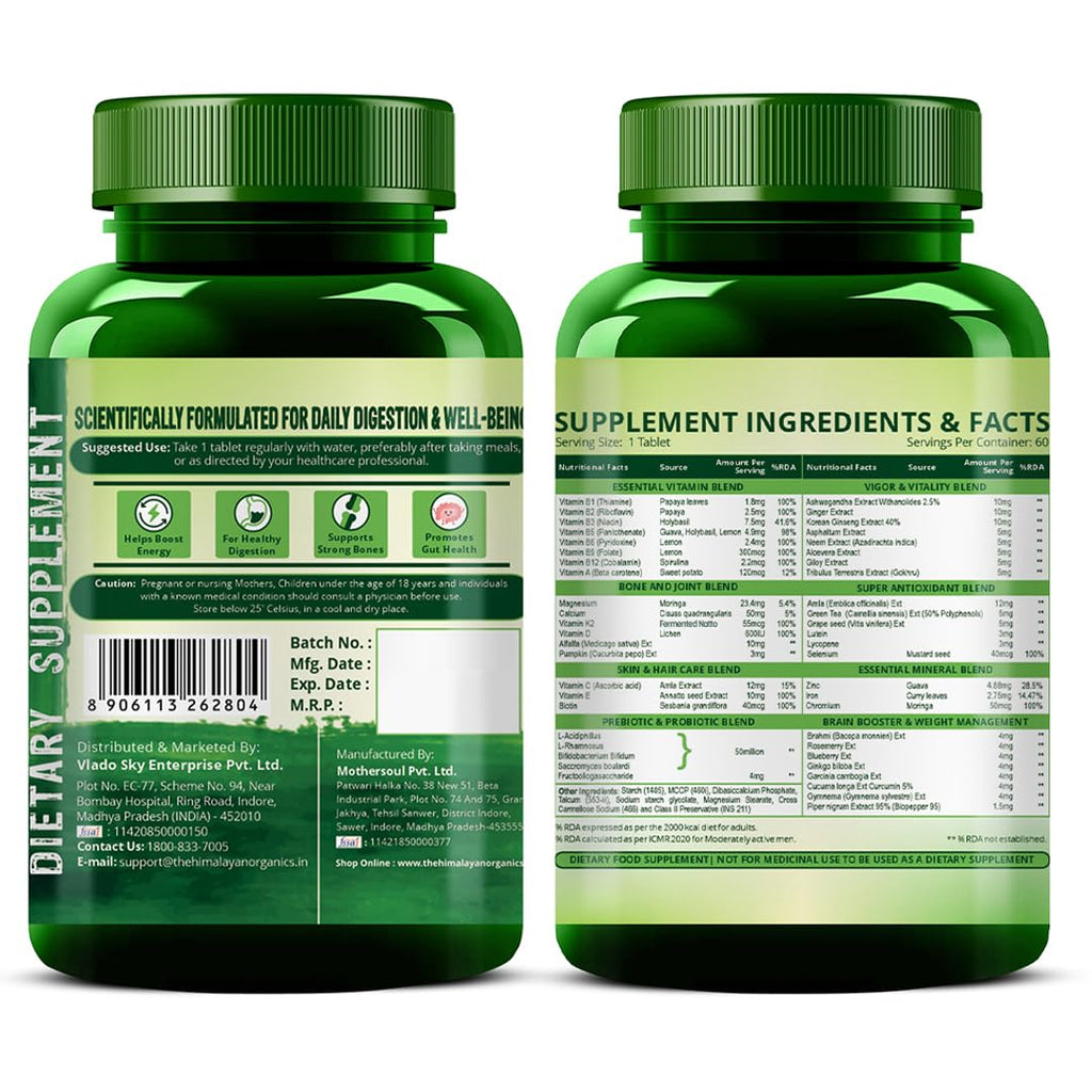 Vladoâ€™s Himalayan Organics Multivitamin Tablets for Men & women With Probiotics - 60+ Ingredients multi Vitamins Supplement For Men And Women | VItamin B1,B2,B3,B5,B6B9,B12,C,E,A,K2,D Magneisum with 5B CFU Probiotic Blends 60 Veg Tablets