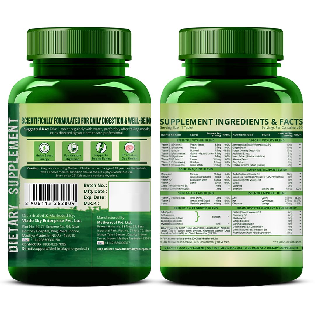 Vladoâ€™s Himalayan Organics Multivitamin Tablets for Men & women With Probiotics - 60+ Ingredients multi Vitamins Supplement For Men And Women | VItamin B1,B2,B3,B5,B6B9,B12,C,E,A,K2,D Magneisum with 5B CFU Probiotic Blends 60 Veg Tablets