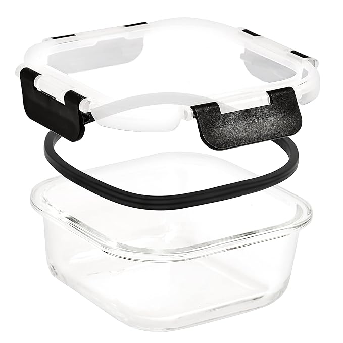 Femora Borosilicate Square Microwave Oven Safe Glass Container With Dectahable & Break Free Lid | Black Color | 500 Ml