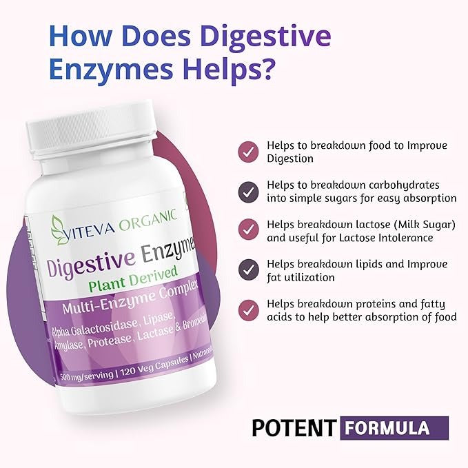 Viteva Organic Digestive Enzymes for Adults - 500mg - 120 Veg Cap