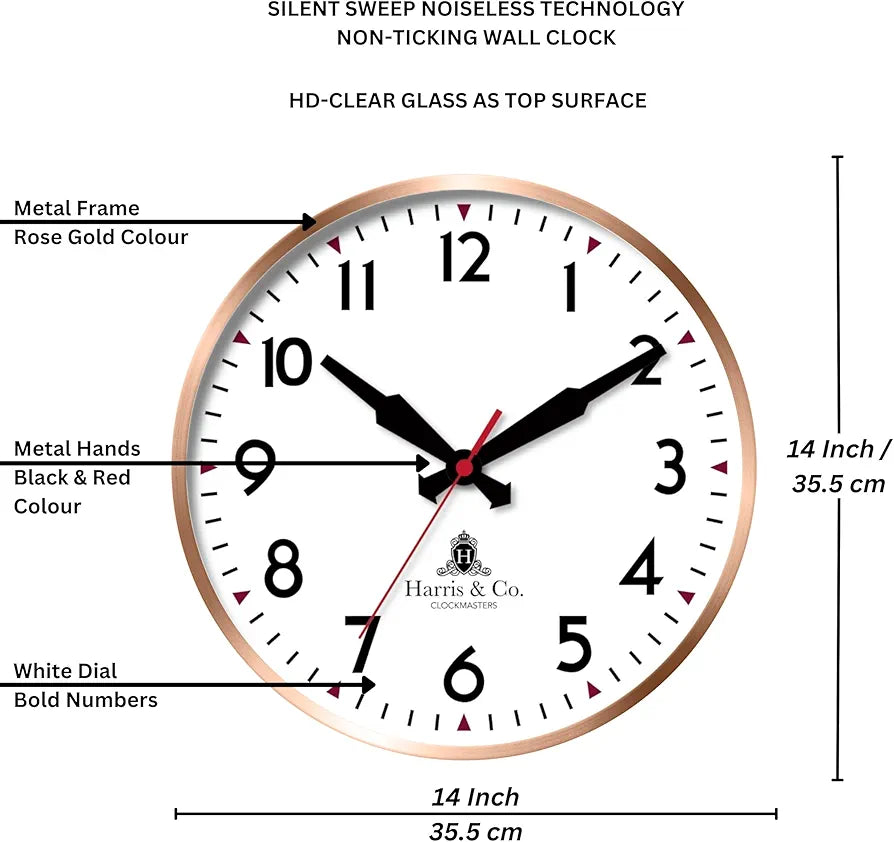 Harris & Co. Clockmasters Rosegold Metal Frame Silent Sweep Noiseless Technology Analog Wall Clock  Model - Coventry Street