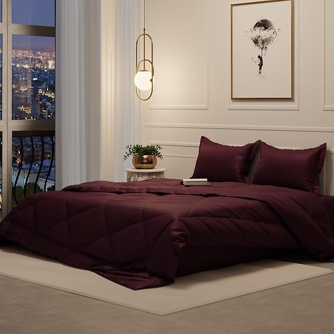 Stoa Paris Satin Comforter Double Bed with 300 TC 2 Pillow Covers Colour Velvet Wine